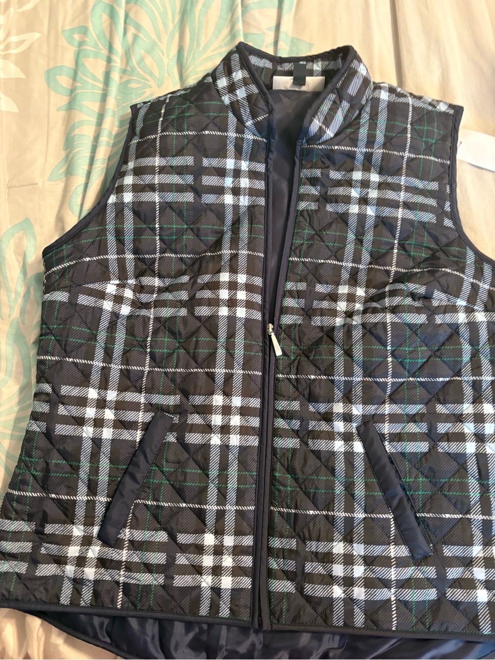 Karen Scott Quilted Plaid Vest in Navy, White & Green
